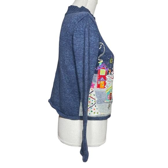 Christmas Village Sweater PS Petite S Embroidered Beaded Sequin Navy Rainbow - Picture 11 of 14